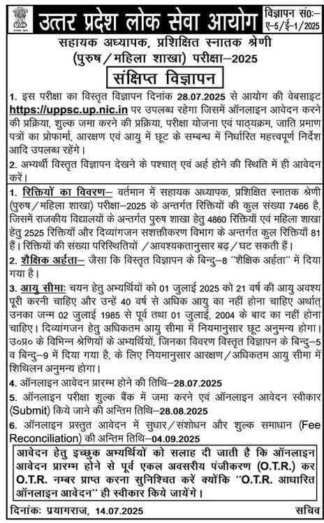 Up LT Grade Teacher Vacancy 2025 : 7466 New Posts Out(OFFICIAL NOTICE)